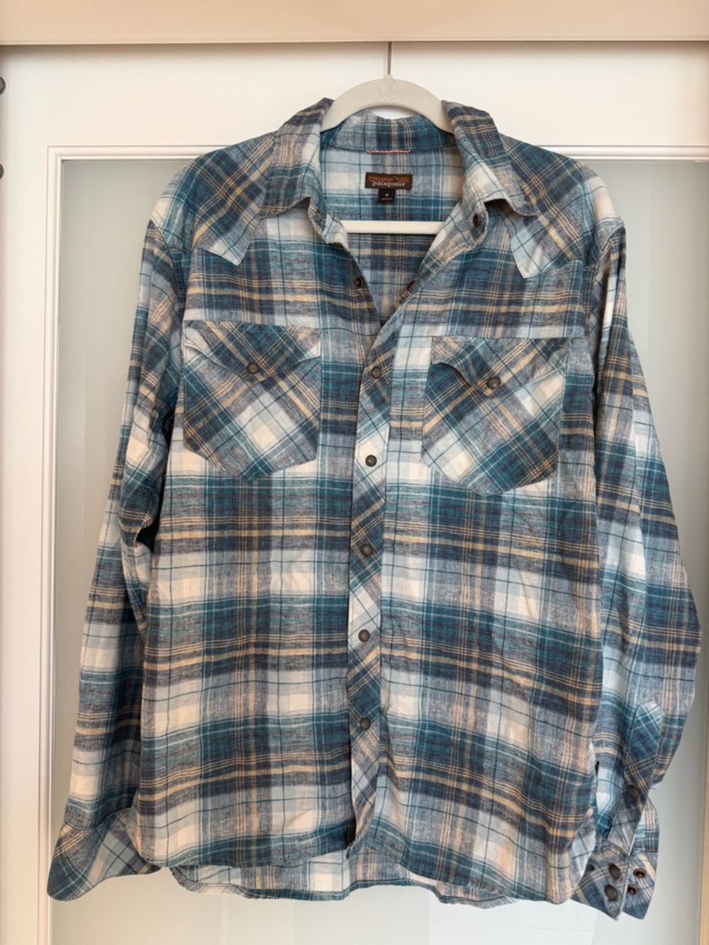 Patagonia Teal and White Plaid Button-Up Shirt